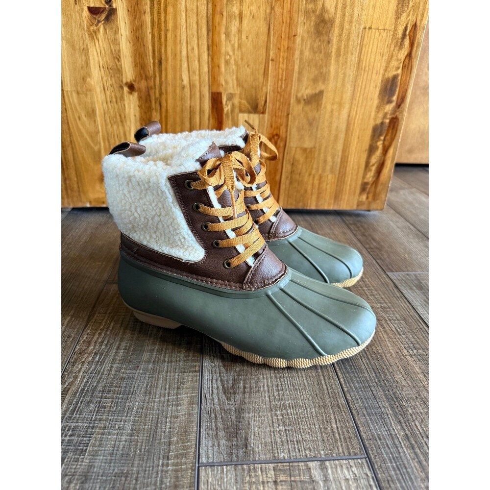 Women’s Serra Faux Fur Lined Duck Boots Sz. 9 Olive, Brown & Off White